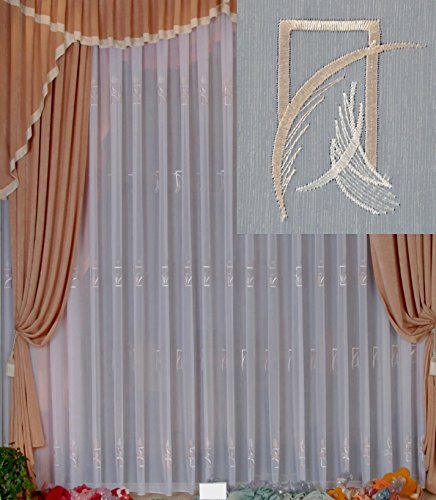 heimtexland ® Stickerei Store Gardine mit Kräuselband HxB 145x300 cm Caramel Natur auf Feinsablé in weiß modern Bestickt Kurzstore Vorhang halbtransparent Ökotex Typ403 von heimtexland