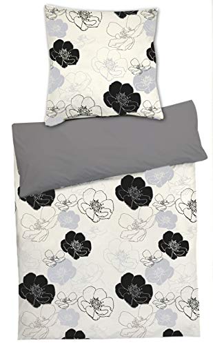 heimtexland ® Super Soft Wende Bettwäsche-Set Blumen Flanell Winter Bettbezug Atmungsaktiv Ökotex 80x80 200x135 Creme Anthrazit Typ584 von heimtexland