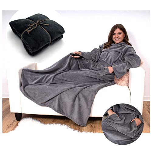 heimtexland ® Kuscheldecke Cashmere Feeling Thermodecke TV Decke mit Ärmeln und Tasche Sofadecke Flauschig Weich Wärmend Typ753 Schwarz von heimtexland