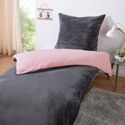 heimtexland ® Winter Plüsch Wende Bettwäsche Set Cashmere Touch flauschig und warm Teddy Flanell Bettbezug 80x80 I 135x200 kuschelig weich Kissen Bettdecke Bezug Ökotex Typ751 Rosa Anthrazit von heimtexland