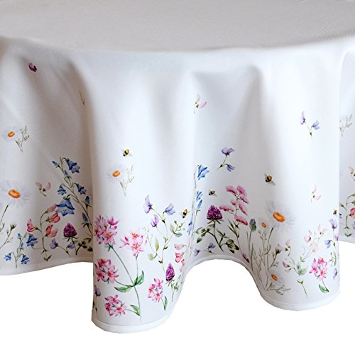 heimtexland ® Tisch Dekoration Serie Blumen Weiß Bunt Tischdecke 130 cm rund Blumenwiese Mehrfarbig Typ520 von heimtexland