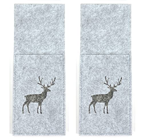heimtexland ® Tischdeko Filz Bestecktasche abwaschbar Landhaus Tischdekoration Besteckhalter 10x25 Typ847 Hellgrau - Hirsch 2er Pack von heimtexland