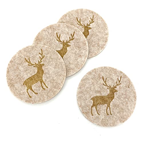 heimtexland ® Tischdeko Filz Glasuntersetzer abwaschbar Landhaus Tischdekoration Gläser Untersetzer rund 10 cm Typ847 Sand - Hirsch 4er Pack von heimtexland
