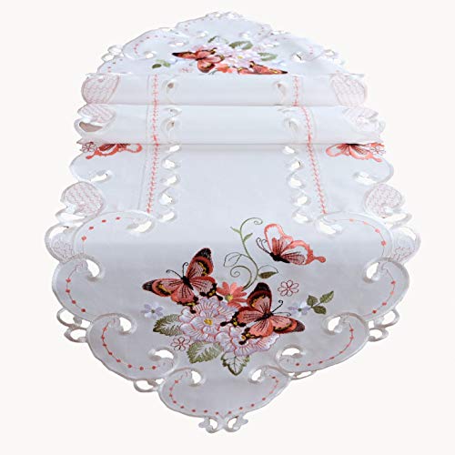 heimtexland ® Tischläufer weiß Bestickt Schmetterlinge rosa HxB 40x140 cm Tischdecke Typ612 von heimtexland