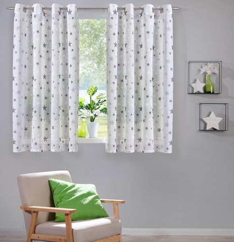 heimtexland ® Vorhang Leinen-Optik Kinderzimmer Deko Gardine Sterne halbtransparent durchscheinend Oeko-TEX Fensterdeko Ösenschal Typ897 Natur - Grau - mit Ösen HxB 145x135 cm - 1 Stück von heimtexland
