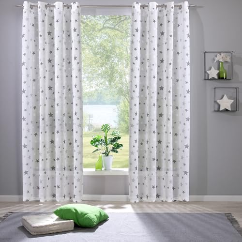 heimtexland ® Vorhang Leinen-Optik Kinderzimmer Deko Gardine Sterne halbtransparent durchscheinend Oeko-TEX Fensterdeko Ösenschal Typ897 Natur - Grau - mit Ösen HxB 225x135 cm - 1 Stück von heimtexland