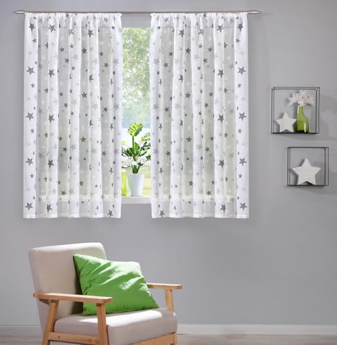 heimtexland ® Vorhang Leinen-Optik Kinderzimmer Deko Gardine Sterne halbtransparent durchscheinend Oeko-TEX Fensterdeko Seitenschal Typ897 Natur - Grau - mit Kräuselband HxB 145x135 cm 1 Stück von heimtexland