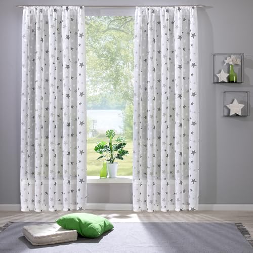 heimtexland ® Vorhang Leinen-Optik Kinderzimmer Deko Gardine Sterne halbtransparent durchscheinend Oeko-TEX Fensterdeko Seitenschal Typ897 Natur - Grau - mit Kräuselband HxB 225x135 cm 1 Stück von heimtexland