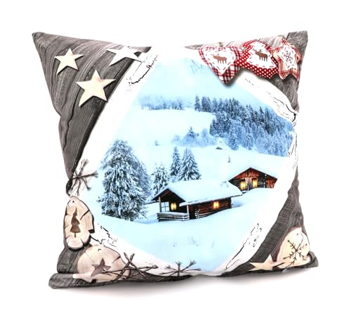 heimtexland ® Weihnachten Dekoration Kissenhülle Deko-Kissen Weihnachtskissen Chalet Holz-Rahmen Schneehütte 40x40 Typ652 von heimtexland