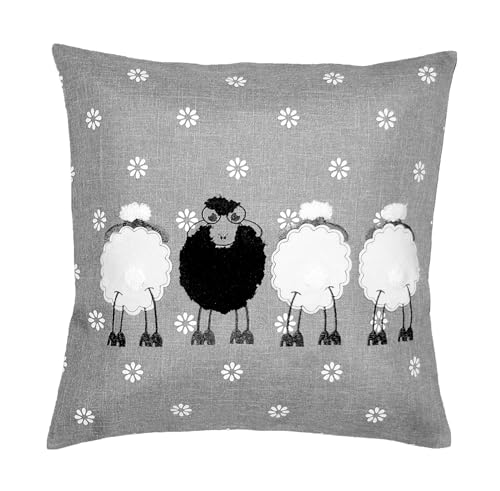 heimtexland Deko Kissen Schwarzes Schaf Ostern Dekokissen Bezug mit Applikation Leinen-Optik Bestickt Osterdeko Landhaus Blumen Natur Typ885 Kissenhülle 40x40 cm grau von heimtexland