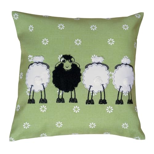 heimtexland Deko Kissen Schwarzes Schaf Ostern Dekokissen Bezug mit Applikation Leinen-Optik Bestickt Osterdeko Landhaus Blumen Natur Typ885 Kissenhülle 40x40 cm grün von heimtexland