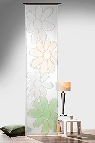 heimtexland ® Flächenvorhang Blume auf Natur Batist gewebt inkl. Zubehör 60 x 245 cm in grün halbtransparent ..passt an Jede Schiene Schiebegardine Gardine Ökotex Typ569 von heimtexland