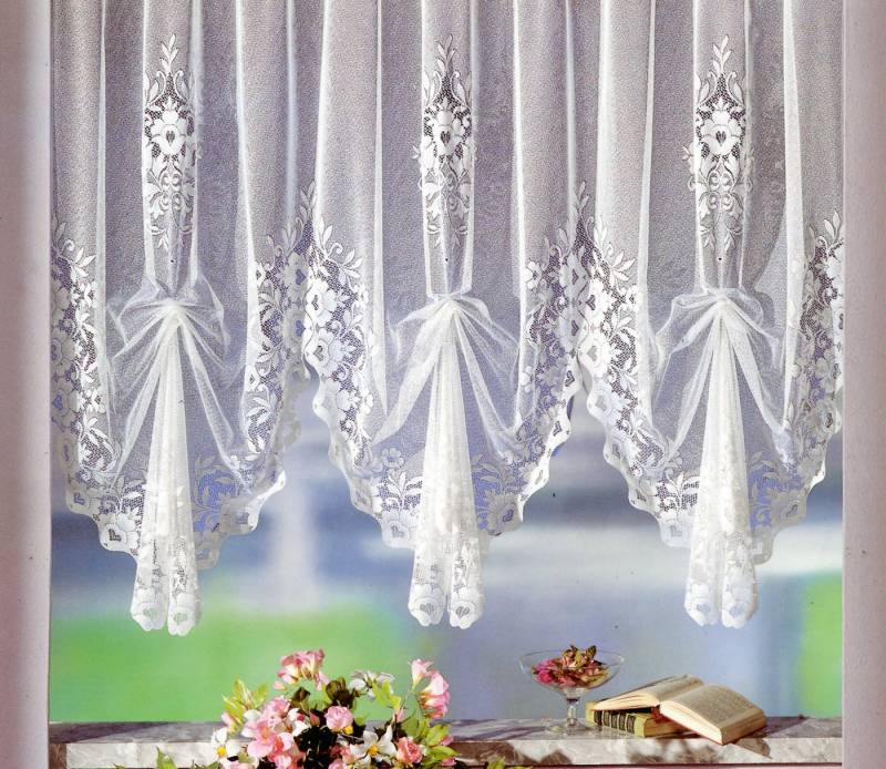 heimtexland Gardine Bogenstore Vorhang Fensterdeko Hochraff-Store weiß (1 St), Kräuselband, halbtransparent, Jacquard, Universalschienenband I halbstransparent I gebogte Bordüre von heimtexland