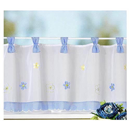 heimtexland Gardine Country Chic Scheibengardine FRÜHLING Vichy-Karo blau Schlaufen-Bistro Landhaus mit Blumen Bestickt HxB 45x150 cm - sehr schöner Fall…auspacken, aufhängen, fertig! Typ78 (blau) von heimtexland