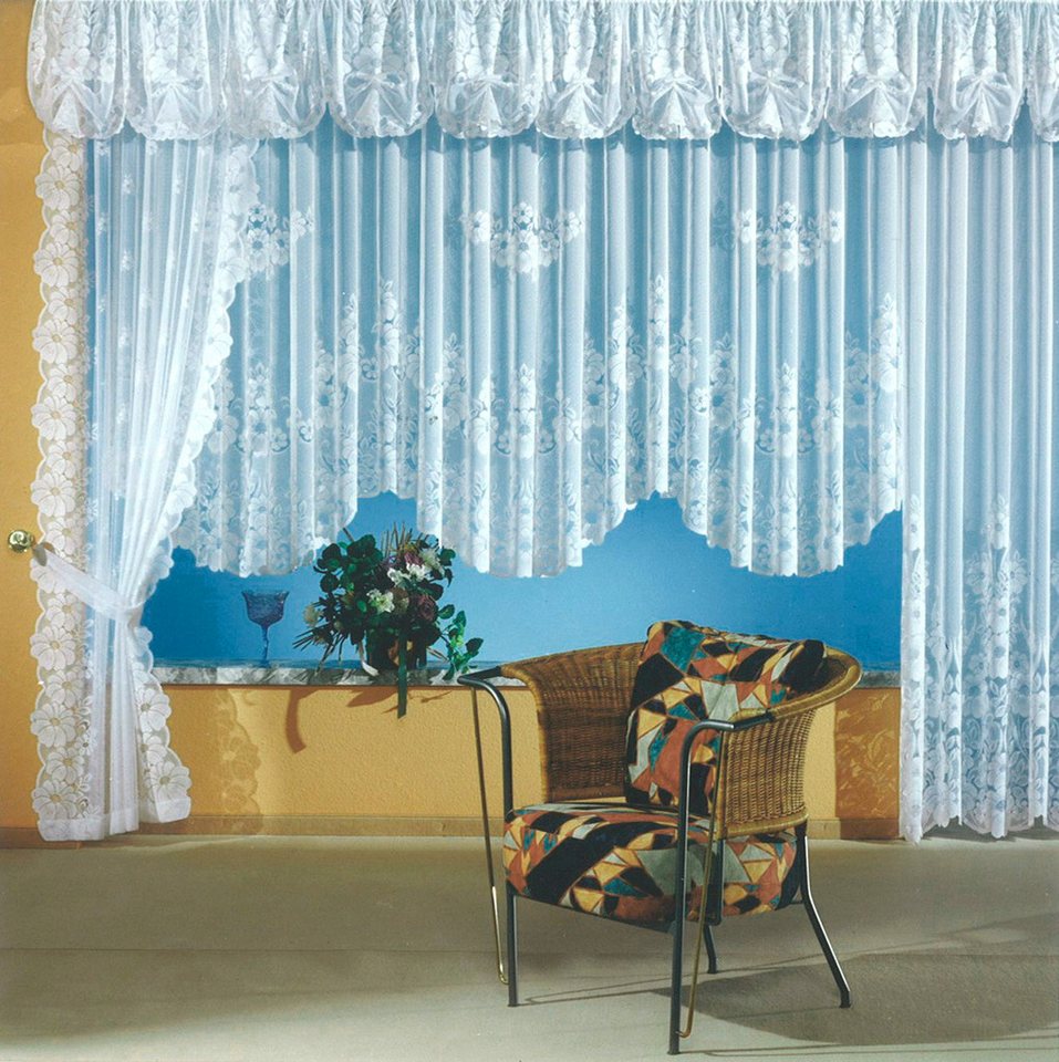 heimtexland Gardine Gardinen Store Vorhang Blumen weiß halbtransparent, Kräuselband (1 St), halbtransparent, Jacquard, Jacquard I Langstore I Bordüre gebogt I Kräuselband von heimtexland