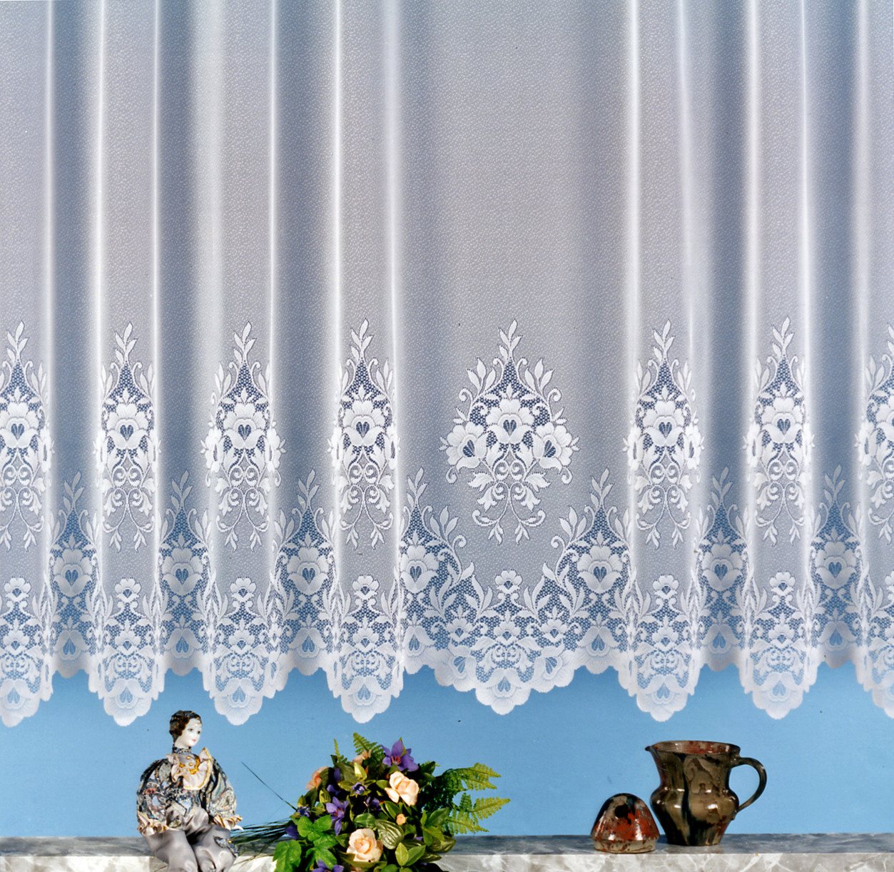 heimtexland Gardine Jacquard Store weiß Fensterdeko Blumen Fertigstore (1 St), Kräuselband, halbtransparent, Jacquard, Spitze gebogt I Kräuselband I Deko Vorhang durchscheinend von heimtexland
