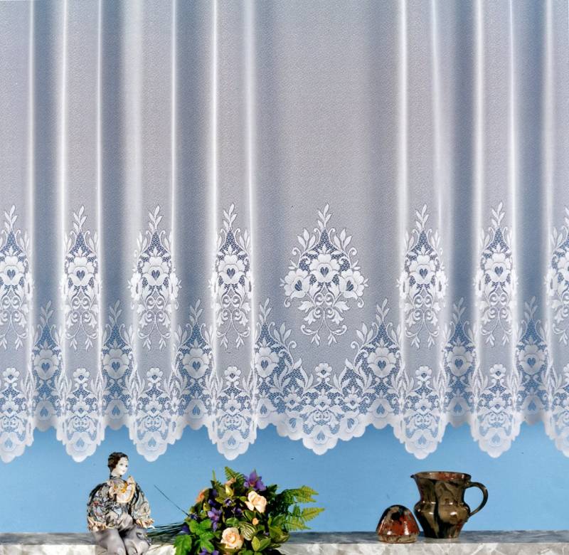 heimtexland Gardine Jacquard Store weiß Fensterdeko Blumen Fertigstore (1 St), Kräuselband, halbtransparent, Jacquard, Spitze gebogt I Kräuselband I Deko Vorhang durchscheinend von heimtexland
