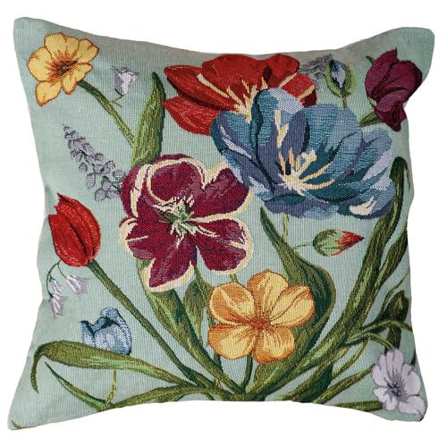 heimtexland Gobelin Dekokissen Blumen Deko Kissen Bezug mit Baumwolle Öko-tex Kissenbezug Landhaus Sofakissen Summer Flowers Typ884 Kissenhülle 40x40 cm Türkis von heimtexland