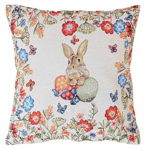 heimtexland Gobelin Dekokissen Ostern Deko Kissen Bezug mit Baumwolle Osterdeko Natur Kissenbezug Landhaus Sofakissen Typ884 Kissenhülle 40x40 cm Osterhase Blumenwiese von heimtexland