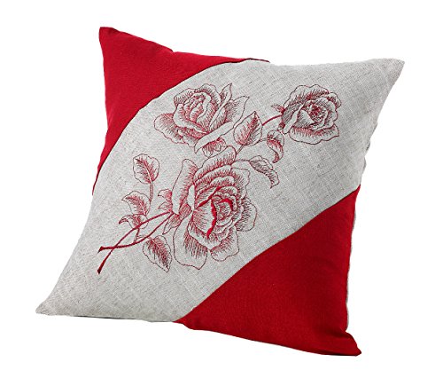 heimtexland Kissenhülle Leinen Natur rot Country Chic mit hochwertiger Rosen Stickerei 40x40 cm Kissen Vintage Landhaus Typ298 von heimtexland