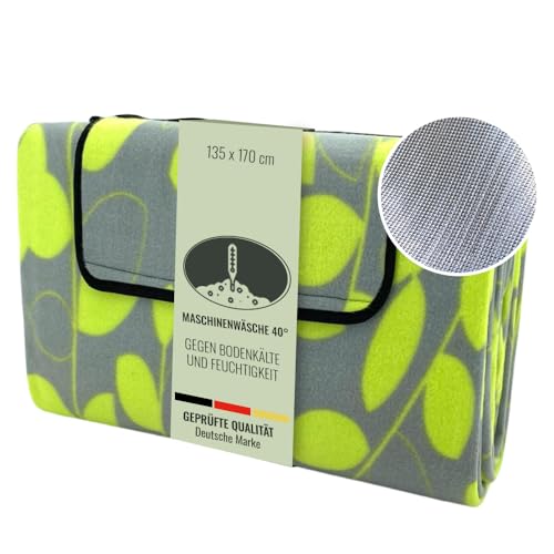 heimtexland Picknickdecke wasserdicht Outdoor Strandmatte Isomatte waschbar Campingdecke faltbar mit Tragegriff Festival Zelten Picknick Strand Decke Typ549 Blätter Lemon 135x170 cm von heimtexland