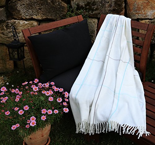 heimtexland Premium Sommer Wohndecke Karo mit Fransen in Natur 200x150 cm kuschelig weich & leicht Picknickdecke Kuscheldecke Natural Creme Decke Typ533 von heimtexland