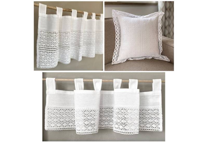 heimtexland Scheibengardine Deko Set Häkelspitze Gardine Kissen Tischdecke, Schlaufen (1 St), blickdicht, Boho Scheibengardine Makramee Spitze Häkel Bistrogardine von heimtexland