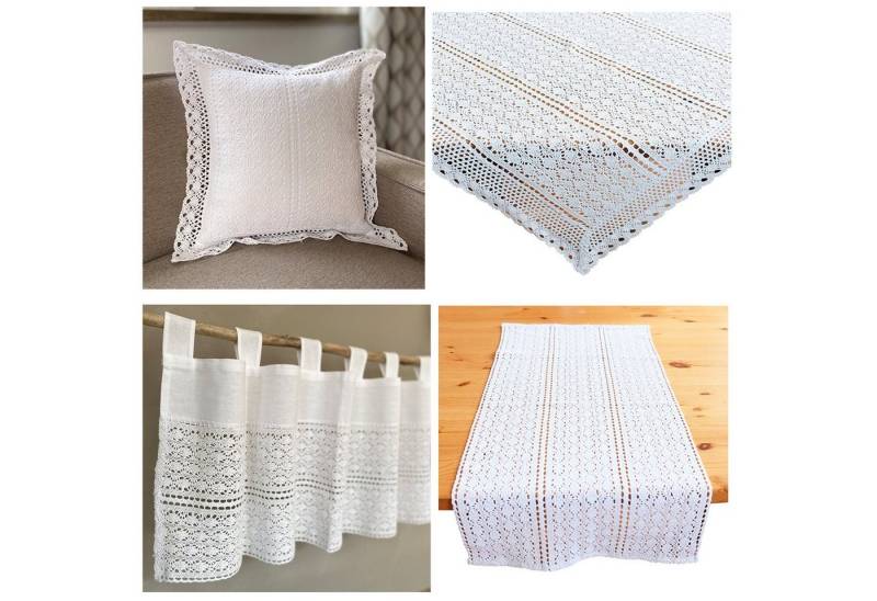 heimtexland Scheibengardine Deko Set Häkelspitze Gardine Kissen Tischdecke, Schlaufen (1 St), blickdicht, Boho Scheibengardine Makramee Spitze Häkel Bistrogardine von heimtexland