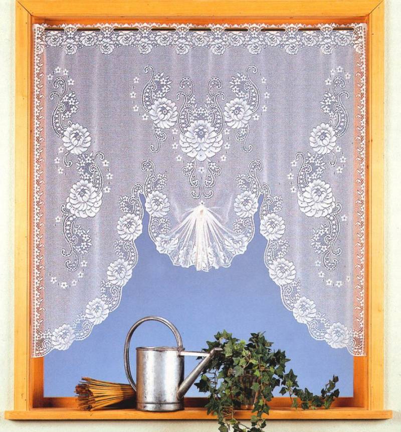 heimtexland Scheibengardine Jacquard Gardine M Bogen gerafft Fensterbild weiß, Stangendurchzug (1 St), halbtransparent, Jacquard, Blumen Bordüre I gebogt I durchscheinend von heimtexland