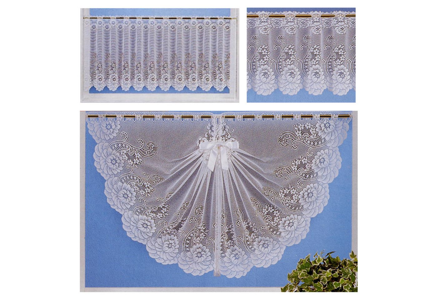 heimtexland Scheibengardine Jacquard Gardine halbtransparent Blumen Bordüre, Stangendurchzug (1 St), halbtransparent, Jacquard, inkl. Satinband I Deko als Schwalbenschwanz Muschelbogen von heimtexland