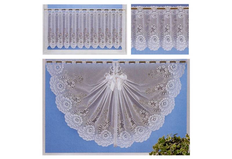 heimtexland Scheibengardine Jacquard Gardine halbtransparent Blumen Bordüre, Stangendurchzug (1 St), halbtransparent, Jacquard, inkl. Satinband I Deko als Schwalbenschwanz Muschelbogen von heimtexland