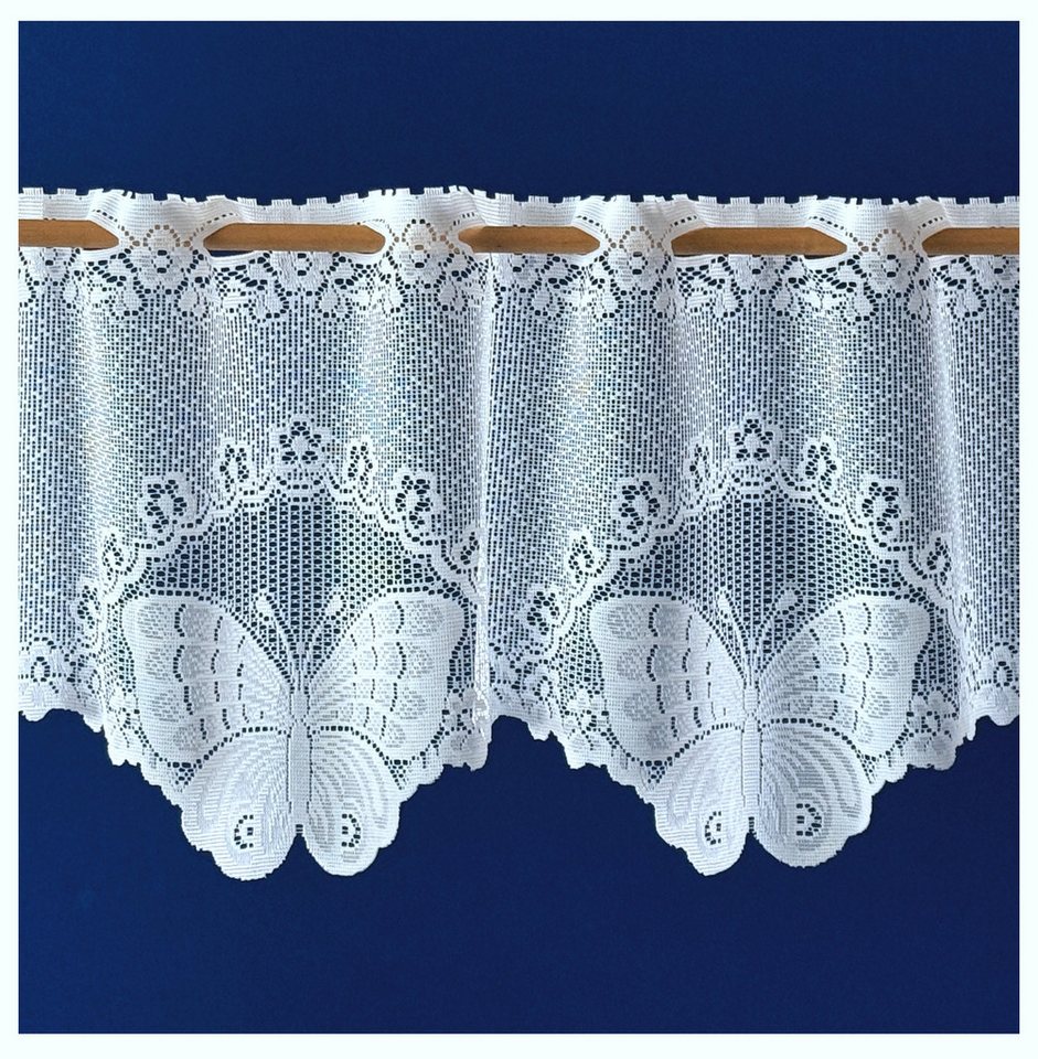 heimtexland Scheibengardine Jacquard Gardine weiß Schmetterling Fensterdeko, Durchzuglöcher (1 St), halbtransparent, Jacquard, als Bistrogardine oder Querbehang mit Blumen Bordüre gebogt von heimtexland
