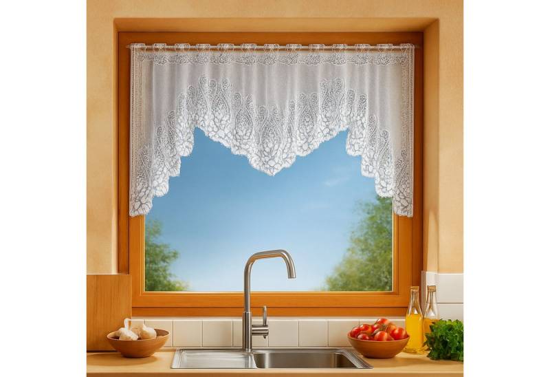 heimtexland Scheibengardine Scheibengardine Fensterbild Gardine Weiß Blumen, Stangendurchzug (1 St), halbtransparent, Jacquard, Blumen Bordüre I Stangendurchzug I weiß I durchscheinend von heimtexland