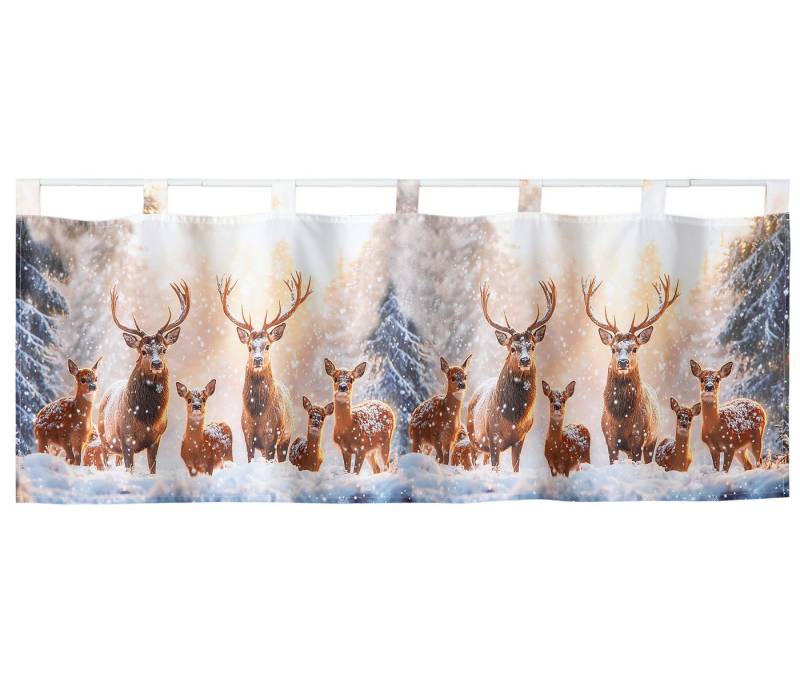 heimtexland Scheibengardine Weihnachten Deko Gardine Bistro Weihnachtsgardine (1 St), Schlaufen, blickdicht, Satin, 45x120 cm I blickdicht I bedruckt I Hirsche im Schnee von heimtexland