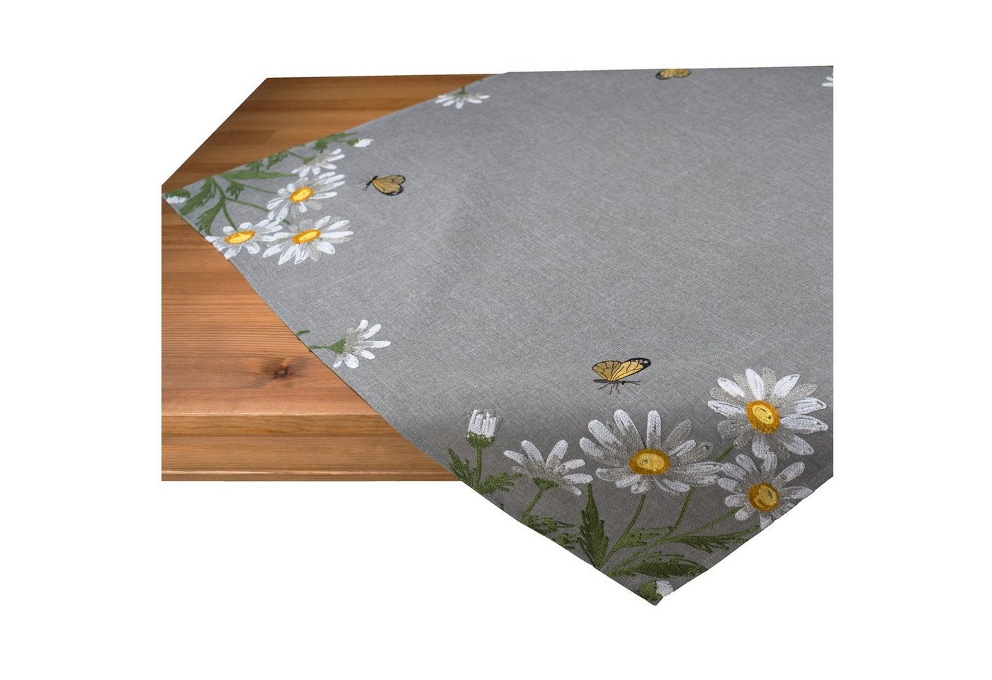 heimtexland Tischdecke Tischdeko Serie Blumen Tischwäsche Deko Kissen (1-tlg), Kissenhülle 40x40 I gelb weiß bestickt I Leinen-Optik von heimtexland