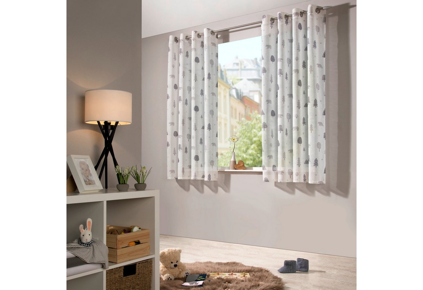 heimtexland Vorhang Kindergardine Skandi-Stil Dekoschal Wald Bär Grau, Ösen (1 St), halbtransparent, Polyester, Leinenoptik I Natur I Ösenschal I Kinderzimmer I Vorhang von heimtexland