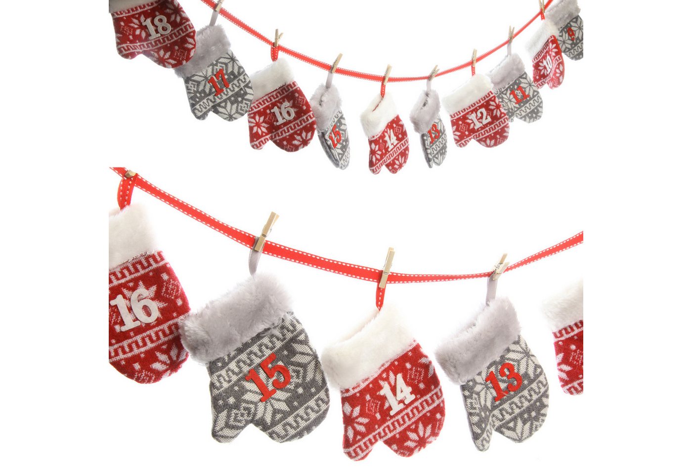 heimtexland befüllbarer Adventskalender Weihnachten Deko Girlande zum Befüllen Adventsdeko (Typ657, 1-tlg), 24 Fäustlinge in Strick-Optik I Norweger Muster I 250 cm von heimtexland