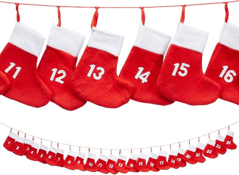 heimtexland befüllbarer Adventskalender Weihnachten Deko Girlande zum Befüllen Adventsdeko (Typ657, 1-tlg), 24 Filz Stiefel mit Satinband I 150 cm I nachhaltig von heimtexland