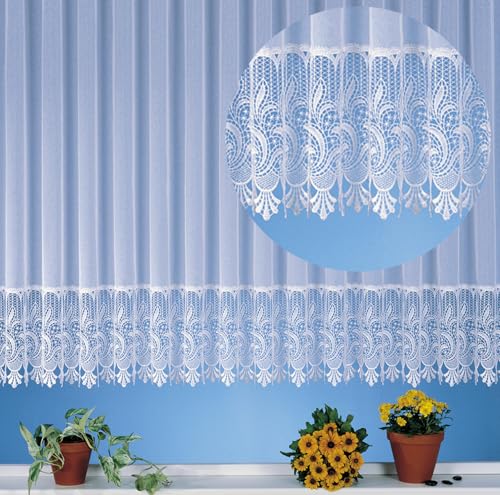 heimtexland edle Store Gardine aus Websablé transparent mit echtem Makramee Sockel in rein weiß - HxB 145x600 cm für Dekorationsbreite 190-240 cm - Ökotex Macramé Vorhang Typ516 von heimtexland