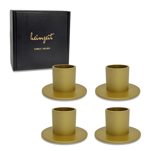 heimzeit Kerzenhalter für Stabkerzen Ø25 mm und Tischkerzen aus Metall [4 Stück, Rund] Farbe: Gold, Stilvolles Design, Kerzenständer für eine Elegante Raumdekoration von heimzeit