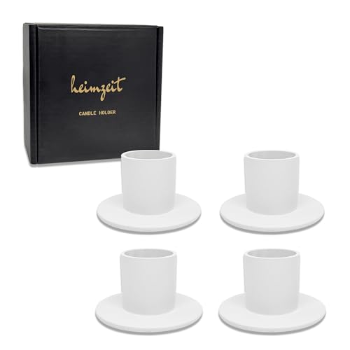 heimzeit Kerzenhalter für Stabkerzen Ø25 mm und Tischkerzen aus Metall [4 Stück, Rund] Farbe: Weiß, Stilvolles Design, Kerzenständer für eine Elegante Raumdekoration von heimzeit