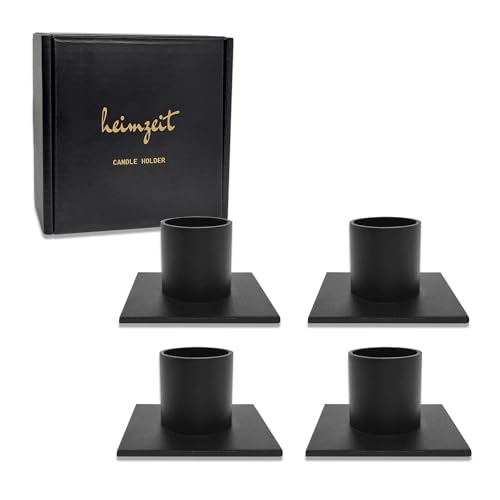 heimzeit Kerzenhalter für Stabkerzen und Tischkerzen aus Metall [4 Stück, Eckig] Farbe: Schwarz, Stilvolles Design, Kerzenständer für eine Elegante Raumdekoration von heimzeit