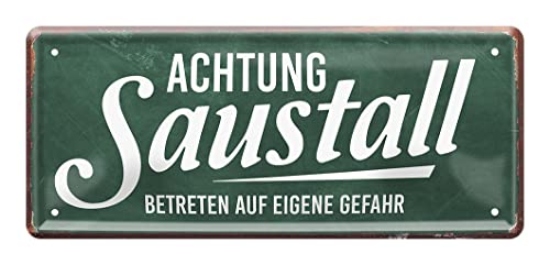 Achtung Saustall Retro Blechschild - lustiges Warnschild mit witzigem Spruch - Blechschilder Deko für Arbeit Büro Betrieb Firma Kinderzimmer Jugendzimmer - 28x12cm von helges-shop