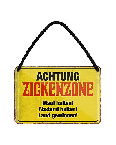 Achtung Zickenzone Blechschild - lustiges Hängeschild mit witzigen Spruch - Metallschild mit Kordel und Saugnapf - Wanddeko Türdeko für Teenager Kinderzimmer Jugendzimmer - Warnschild - 18x12cm von helges-shop