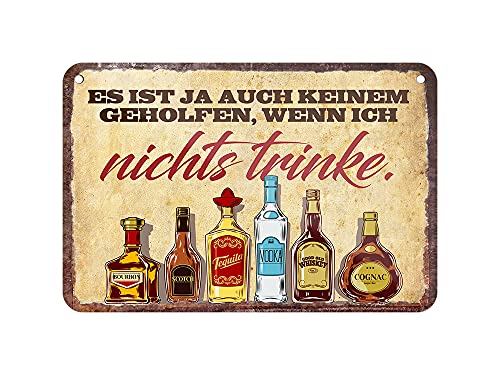 Alkohol Blechschild - lustiges Deko Metallschild mit Kordel und Saugnapf - witzige Schilder Dekoration für Bar Kneipe Partykeller Partyraum Kellerbar Hausbar Theke - Party Alkohol Zubehör - 18x12cm von helges-shop