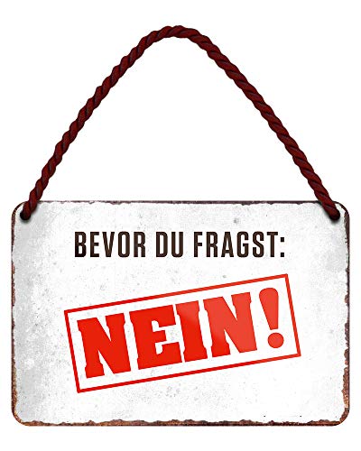 Bevor du fragst: Nein! - witziges Metallschild mit Kordel und Saugnapf - Hängeschild mit lustigen Spruch - Türdeko oder Wanddeko für Wohnung Werkstatt Arbeit Büro Jugendzimmer Gaming - 18x12cm von helges-shop