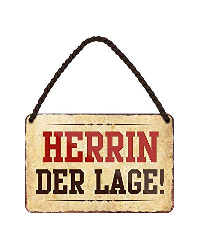 Blechschild Herrin der Lage - witziges Retro Deko Metallschild mit Kordel und Saugnapf - lustiges Geschenk Boss Chefin Freundin Kollegin - Dekoration Büro Schreibtisch Arbeitsplatz Firma - 18x12cm von helges-shop