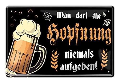 Blechschild Hopfnung - lustiges Retro Deko Schild - witziges Bier Metallschild - Dekoration Bar Partyraum Partykeller Stammtisch Kneipe Kellerbar Biergarten - Geschenk für Biertrinker - 30x20cm von helges-shop