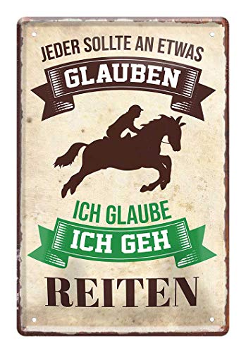 Blechschild Ich geh reiten - Metallschild mit witzigen Spruch für Reiterinnen und Reiter - Retro Deko Schild Reitstube Reiterstube Reiterhof - Geschenk Pferdesport Dressurreiten Springreiten - 20x30cm von helges-shop