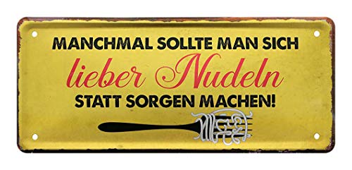 Blechschild Nudeln statt Sorgen - Schild für Nudel Aficionado - Deko für Küche, Esszimmer, Wirtschaft, Lokal, Imbiss - Geschenkidee für Nudel Fans - Spaghetti, Capellini, Vermicelli, Bigoli - 28x12cm von helges-shop